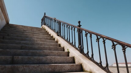Obraz premium A solid stone staircase with intricate metal railings ascends under a bright midday sun against a clear blue sky
