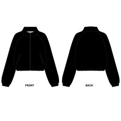 Vector illustration of a fashionable black windbreaker jacket, front and back views. Sketch of a casual zippered jacket with sleeves. Design template for a cropped lightweight jacket. 