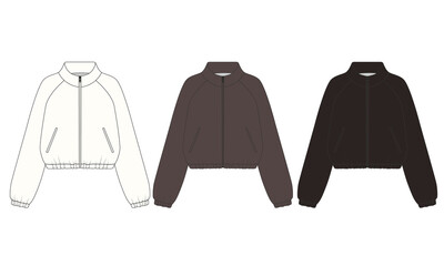 Collection of vector illustrations of fashionable windbreakers in brown, chocolate, and white colors. Sketch of a casual zippered jacket with sleeves. Design template for a cropped lightweight jacket.
