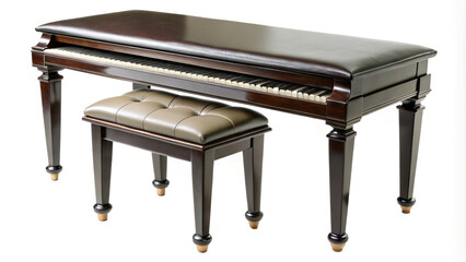Elegant dark wood console piano with matching tufted bench isolated.
