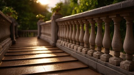A classical stone balustrade lining a sun drenched wet walkway with dramatic shadows leading into a lush garden at golden hour