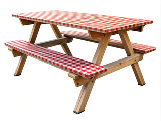 Outdoor wooden picnic table with red white checkered tablecloth