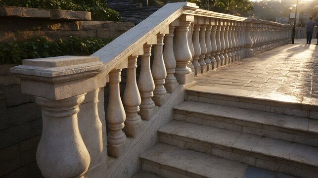 Sunlit stone staircase with ornate balustrade and paved pathway at golden hour