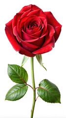 Red rose with vibrant petals, green stem, and leaves isolated