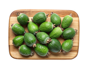 Fresh green feijoa fruits on a rustic wooden board, nutritious