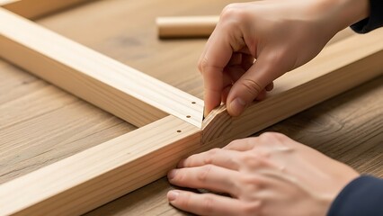 Construction project, wooden framework assembly with hand craft work close-up