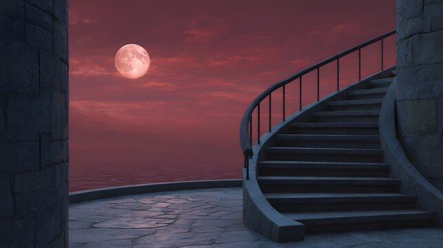A stone spiral staircase ascends from a castle s stone terrace towards a large crimson moon in a dramatic twilight sky over the sea