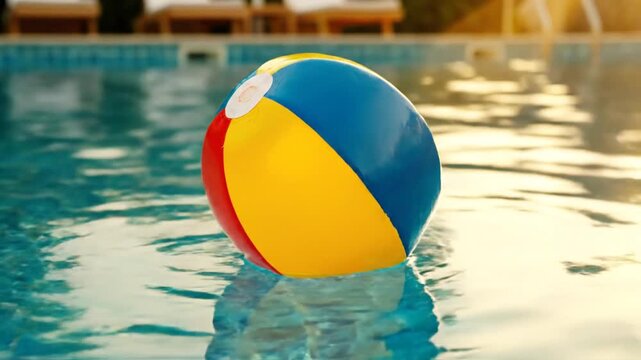 Beach ball floating in swimming pool water with bright colors outdoors for recreation and leisure