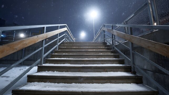 Snowy outdoor staircase at night illuminated by streetlights inviting ascent - Powered by Adobe
