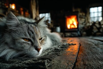 A cat by the fireplace, flickering light reflecting off the wooden floors. Generative AI
