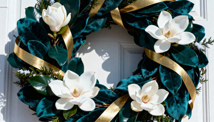 Christmas wreath with white magnolia flowers and gold ribbon on a white door. Elegant holiday decoration with dark green velvet leaves. Festive front door background