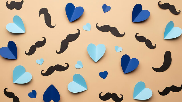 Festive overhead view of a Father's Day celebration background with blue paper hearts and black mustache cutouts on a beige surface