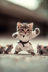 Fierce Kitten in Karate Gi Prepares for an Epic Showdown With Curious Mice
