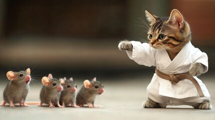 Cat in Karate Uniform Practices Martial Arts With Curious Mice in Playful Setting