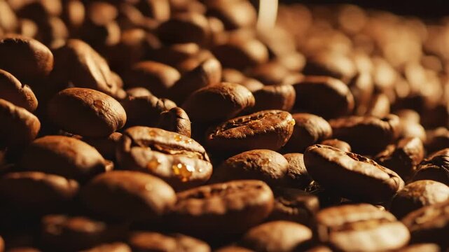 A captivating close-up journey through glistening roasted coffee beans, revealing their rich texture and alluring aroma