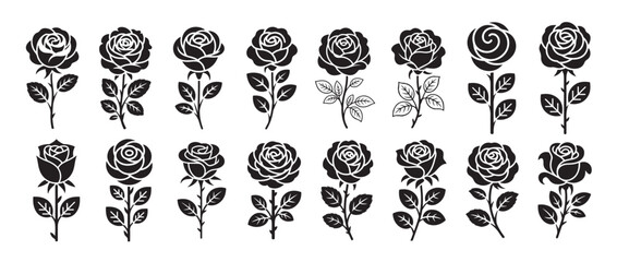 Rose flowers with stem and leaves. black silhouettes. decorative floral elements on white background