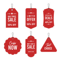 Set of tags, attractive modern elegant offer price tag in different size and shape, catchy offer text, promotional tags banners, red color