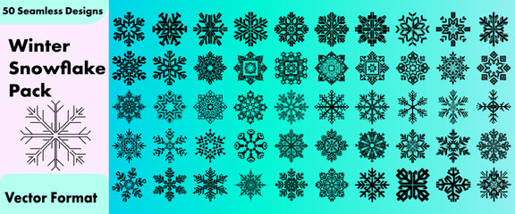 50 Winter Snowflake Vector Designs Collection. Christmas Holiday Ice & Frost Graphic Elements Pack