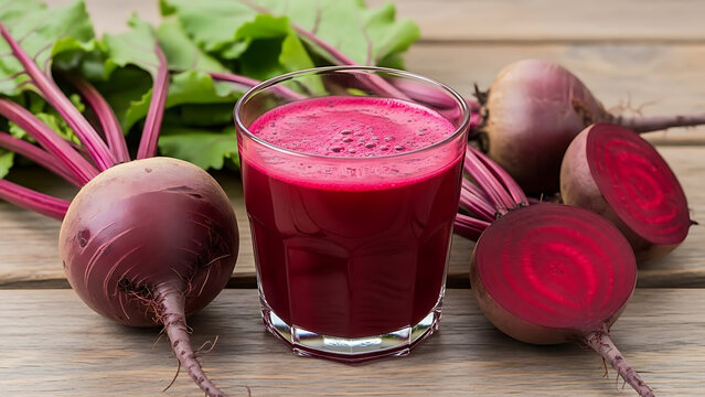 Fresh Organic Beetroot and Beet Juice on Rustic Wooden Table – Healthy Nutrition Concept