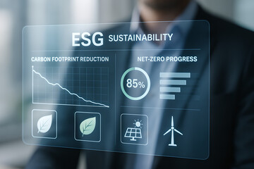 Business professional analyzing esg sustainability environmental social governance metrics report