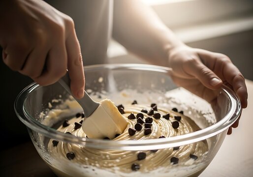 Hands mixing chocolate chips into batter for delightful homemade cookies
