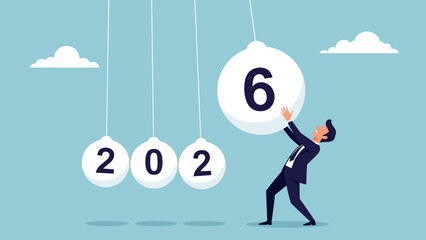 Conceptual illustration of a businessman initiating the year 2026 with a large pendulum, representing new beginnings, strategy, and change