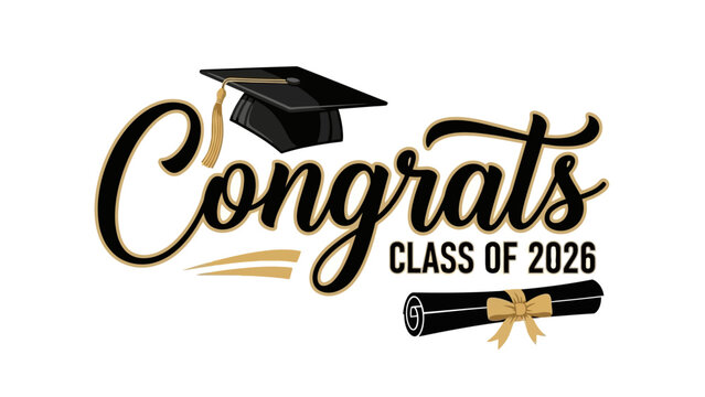 Elegant calligraphy design for the Class of 2026 graduation celebration. Vector graphic with a cap and diploma scroll