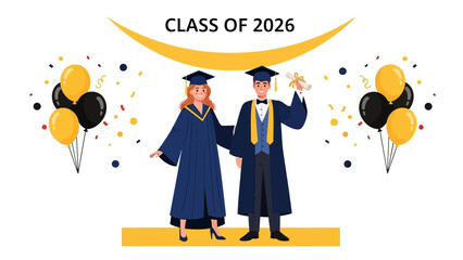 Two proud university graduates in traditional caps and gowns celebrating their 2026 commencement with confetti and balloons