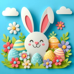 Ein Papierschnitt von einem fr&ouml;hlichen Osterhasen mit Ostereiern