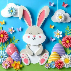 Ein Papierschnitt von einem fr&ouml;hlichen Osterhasen mit Ostereiern