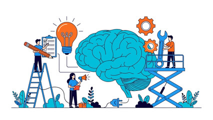 Mental health and creative process concept. A team collaborates with tools to develop innovative ideas and tune the human mind