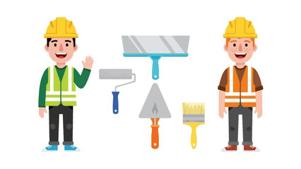 Set of friendly construction worker characters with essential tools for building, painting, and home renovation