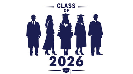 Silhouette of graduates for the Class of 2026 celebration. Vector graphic illustration of a commencement ceremony with caps and gowns
