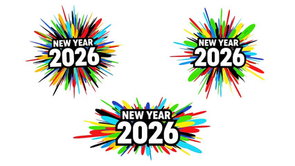 Collection of vibrant New Year 2026 celebration graphics with colorful abstract explosion design elements