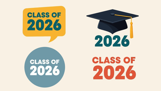 A modern collection of Class of 2026 graduation graphics, including a mortarboard cap, speech bubble, and circular badge designs