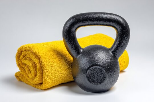 Fitness Equipment Including a Black Kettlebell and a Yellow Towel on a Plain Background