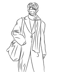 Fashion in Pandemic, Line Art of a Person with Mask, Coat, and Bag
​
