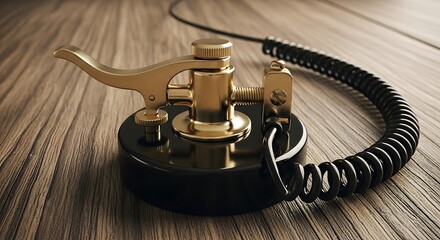 Vintage brass and black telegraph key with coiled cord on a rustic wooden surface