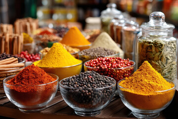 Colorful spices in bowls and jars on display