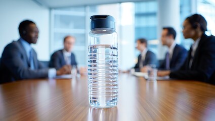 Water bottle in a boardroom with businesspeople around conference table
