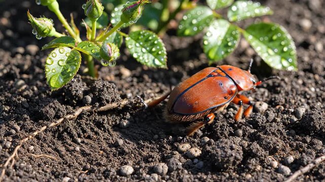 Anomala orientalis, also known as oriental beetle, on a garden bed next to rose plants