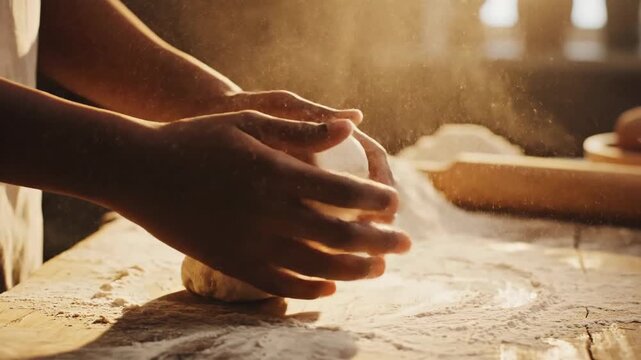 Hands skillfully transforming raw ingredients into pliable dough, a golden hour baking process capturing culinary craftsmanship