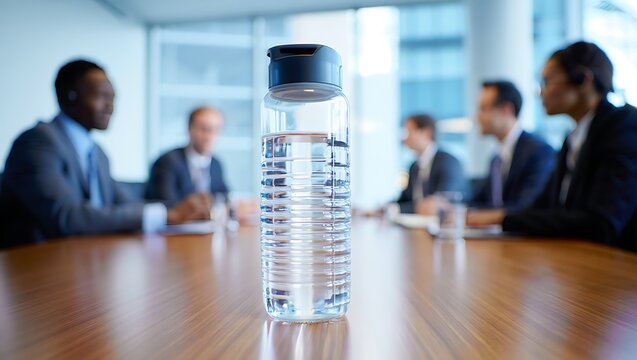 Water bottle in a boardroom with businesspeople around conference table