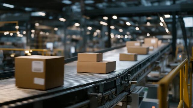 A delivery sorting facility running through the night with conveyor belts moving packages and scanners beeping rhythmically &mdash; continuous e-commerce fulfillment, rapid logistics, and high-volume