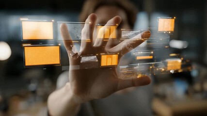 A hand reaching toward floating holographic interface icons in a dim tech workspace — futuristic AI interaction, augmented reality user experience, and next-generation digital innovation. cinematic - Powered by Adobe