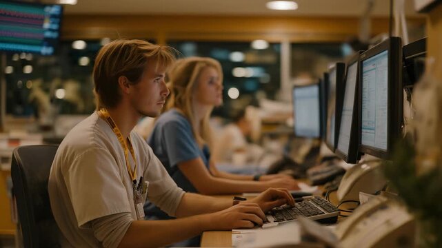 A hospital nurses&rsquo; station bustling during the night shift with medical monitors beeping and staff updating digital patient charts &mdash; continuous healthcare operations, emergency readiness, and