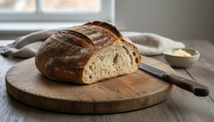 Freshly baked bread loaf on a wooden cutting board with butter