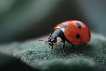 Close-up of a vibrant ladybug crawling on a leaf.