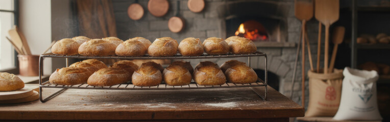 Freshly baked bread loaves cooling on a rack in a rustic kitchen. Banner
