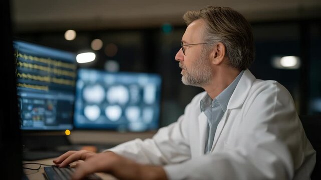 A simultaneous interpreter translating medical conference presentations, surrounded by scientific charts and technical terminology &mdash; healthcare communication, precision translation, and global